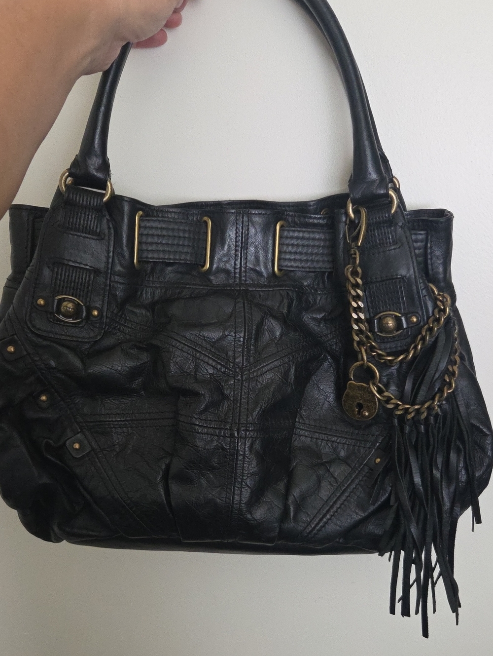 Juicy Couture Vintage Black Leather Fringe Tote Bag with Chain Accent New Cond